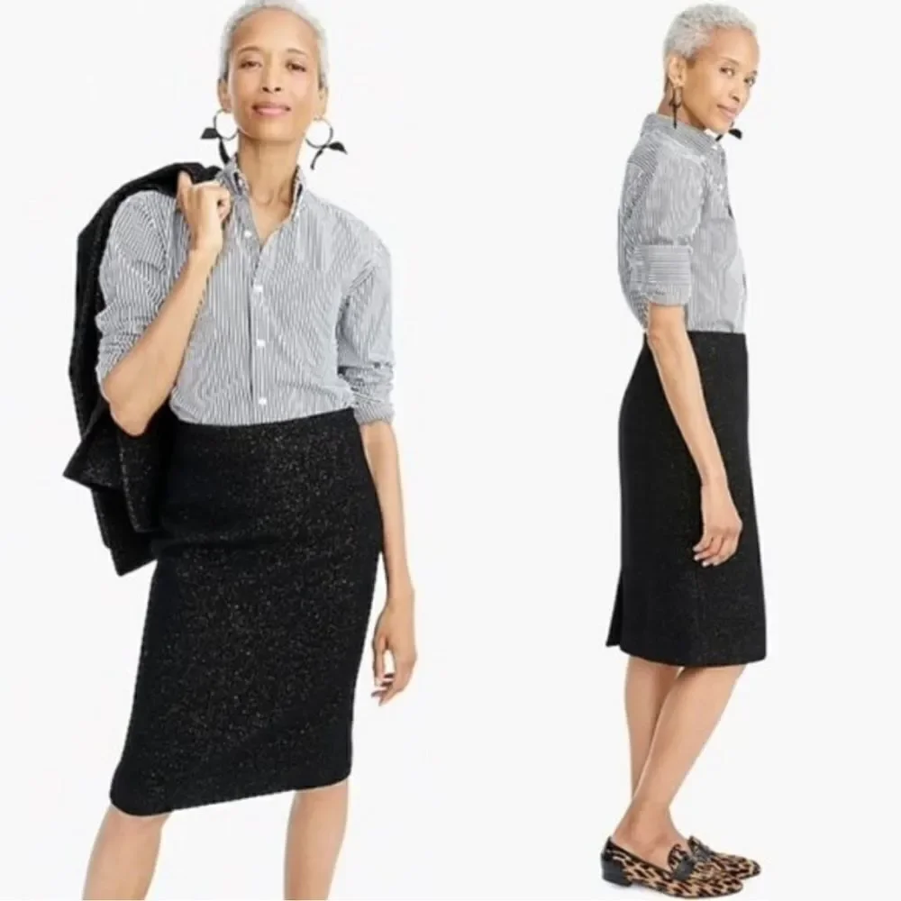 J. CREW No 2 Pencil Skirt in Tinsel Tweed Wool Black Lurex w/ Gold K3053